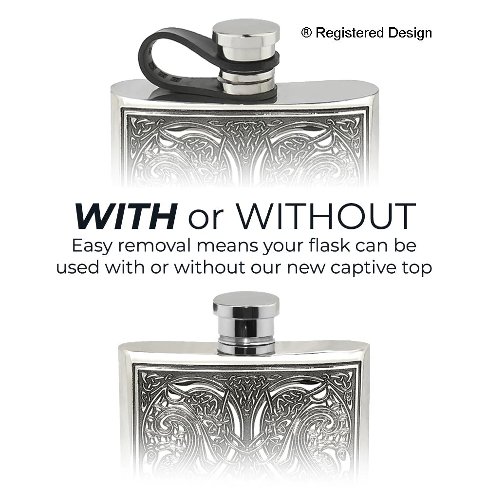 CCEL153 8oz Flexi Cap Pewter Hip Flask with Celtic Knot Design