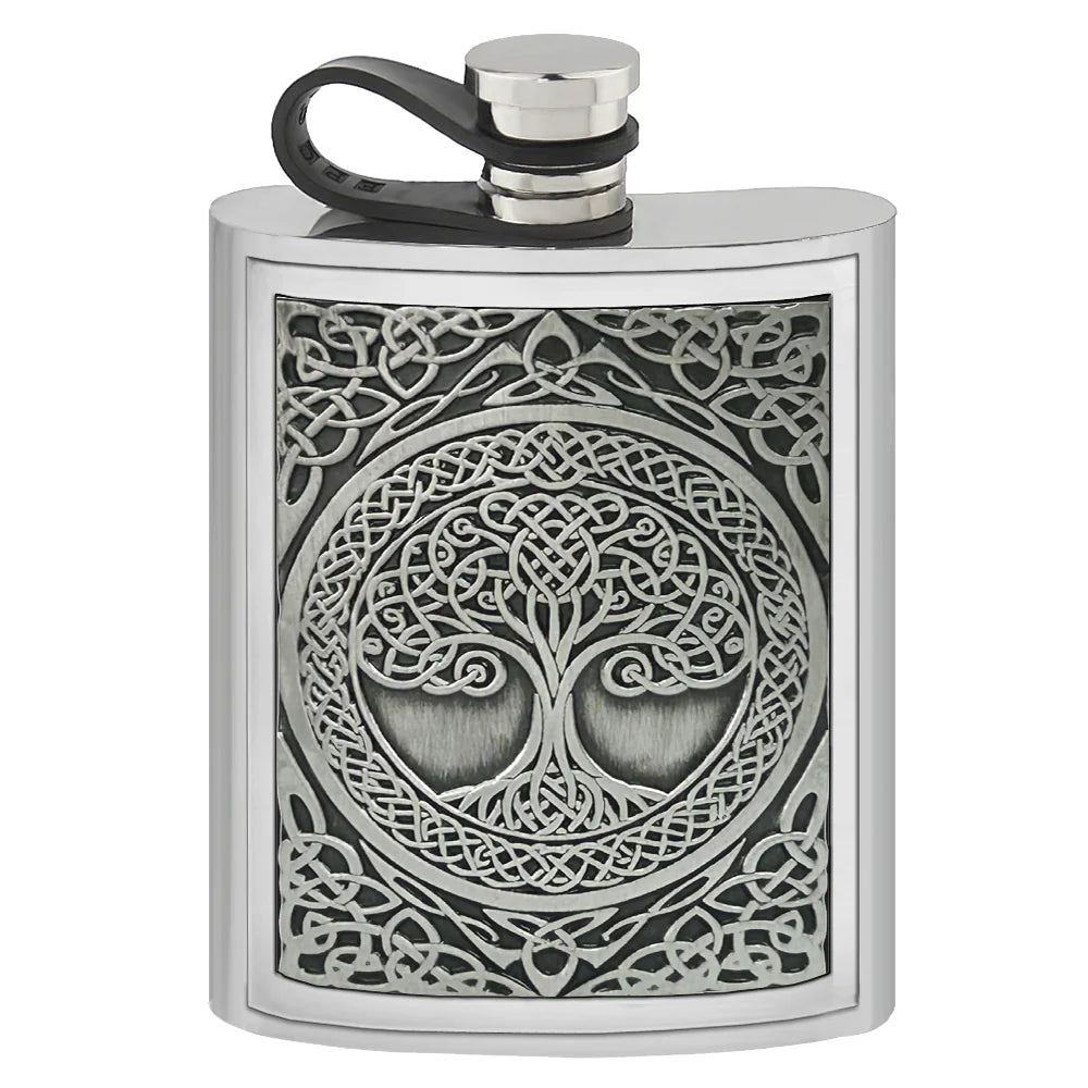 CEL476 6oz Embossed Flask Tree Of Life Pewter Badge with Flexi Cap