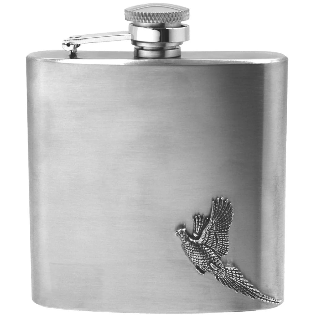 CS235 6oz Stainless Steel Hip Flask With Pewter Pheasant Emblem