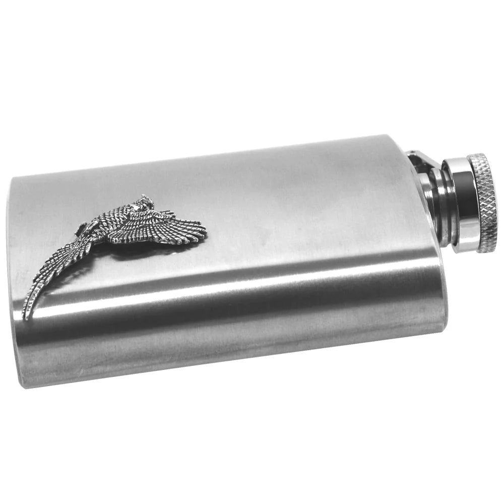 CS235 6oz Stainless Steel Hip Flask With Pewter Pheasant Emblem