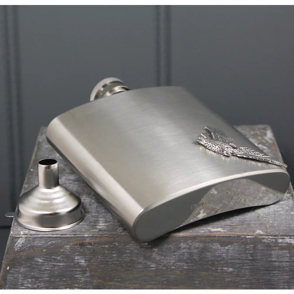 CS235 6oz Stainless Steel Hip Flask With Pewter Pheasant Emblem