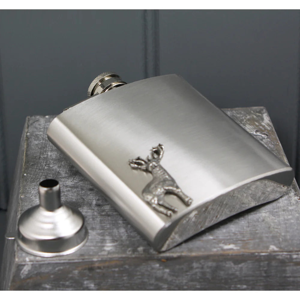 CS236 6oz Stainless Steel Hip Flask With Pewter Stag Emblem