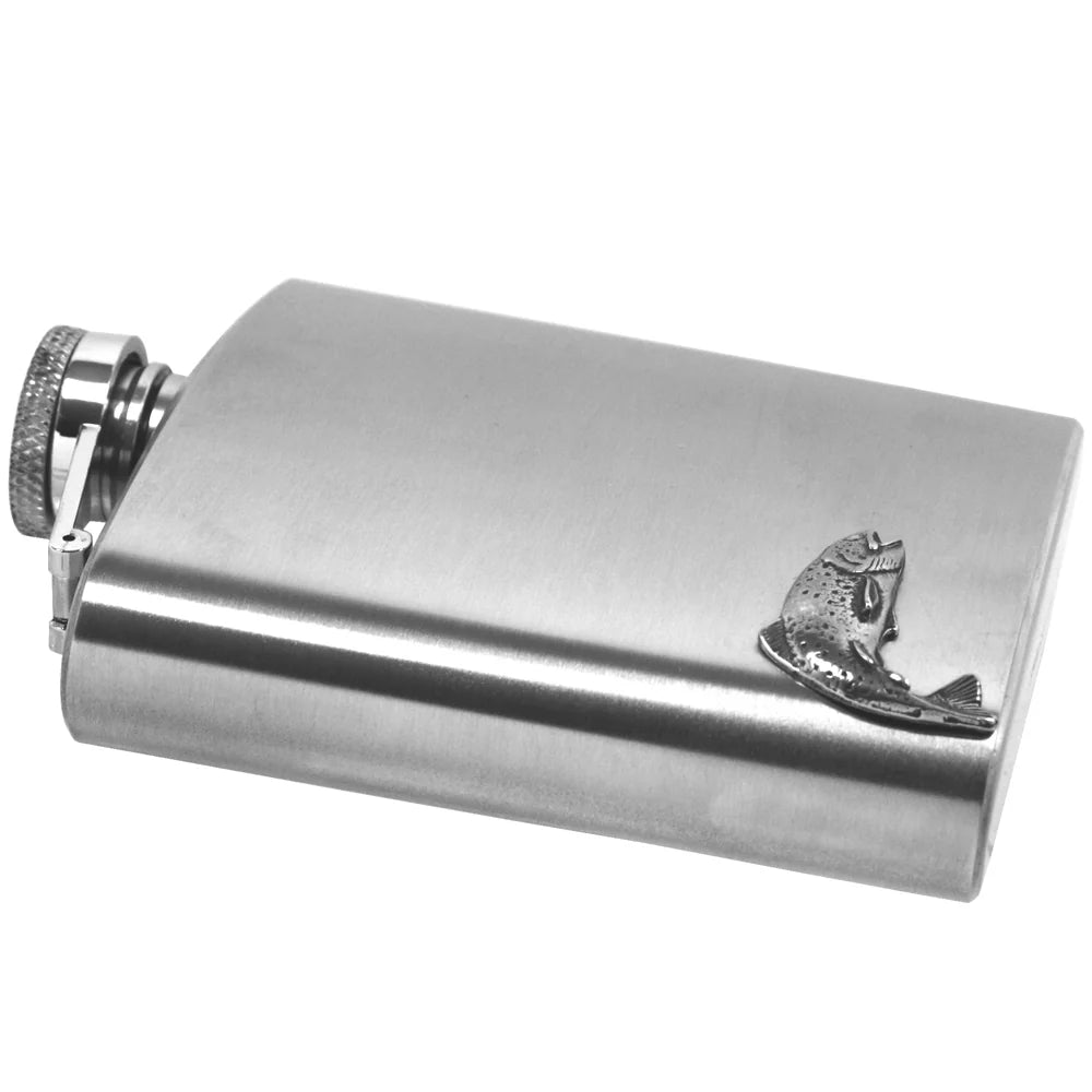 CS239 6oz Stainless Steel Hip Flask With Pewter Fishing Trout Emblem