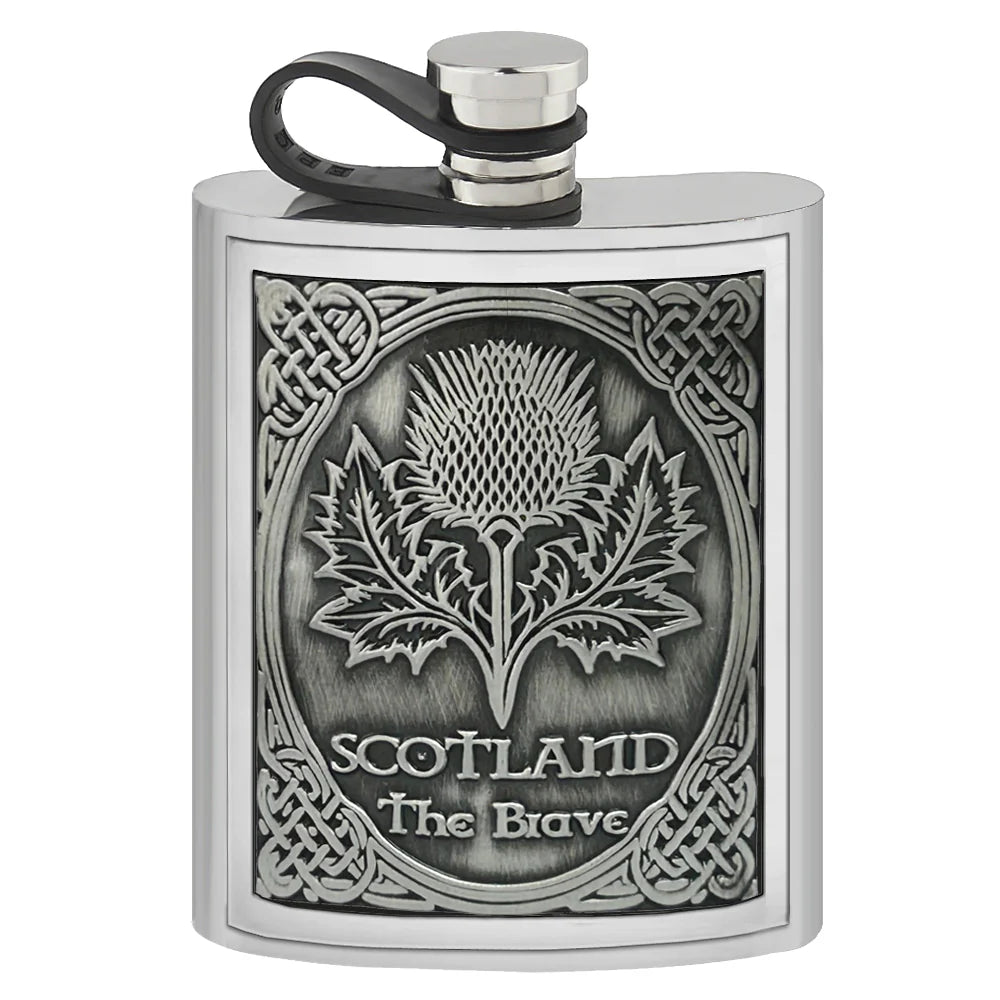 EMB001 6oz Pewter Embossed Flask Thistle Badge