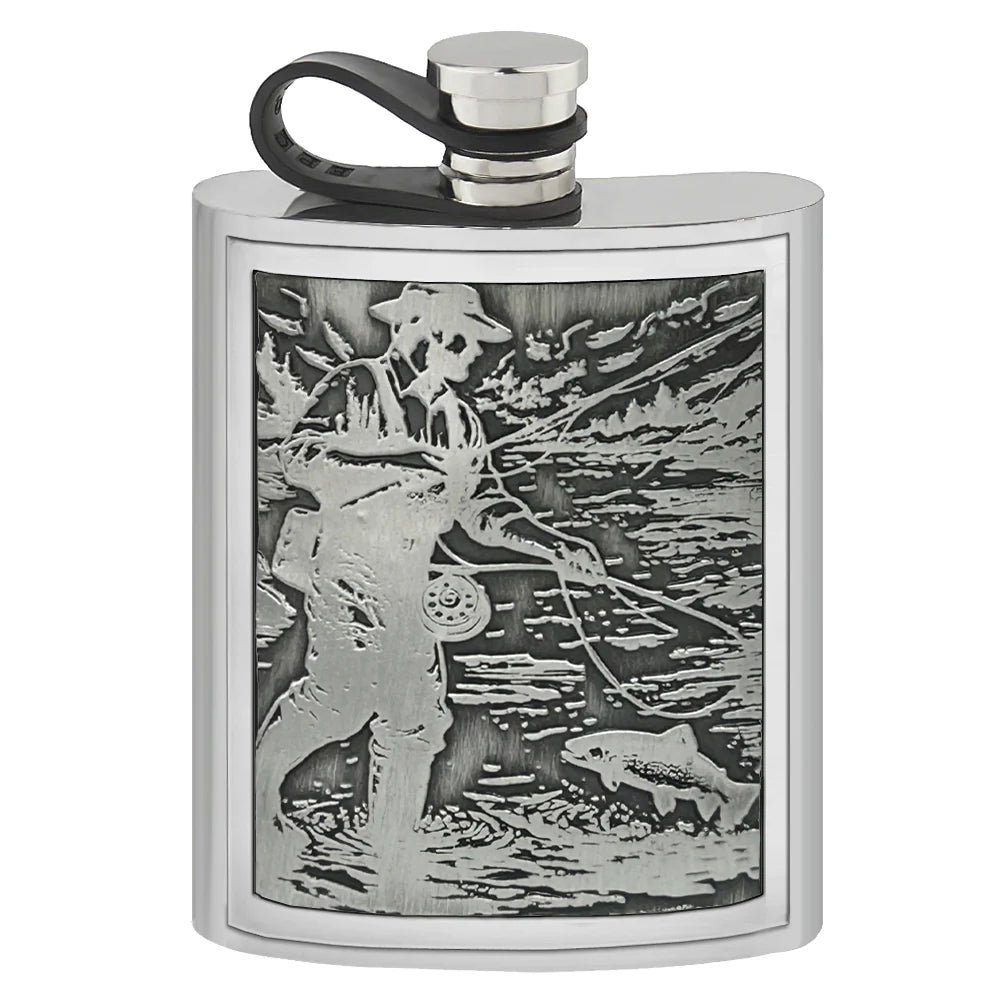 EMB009 6oz Embossed Fishing Badge Pewter Hip Flask with Flexi Cap