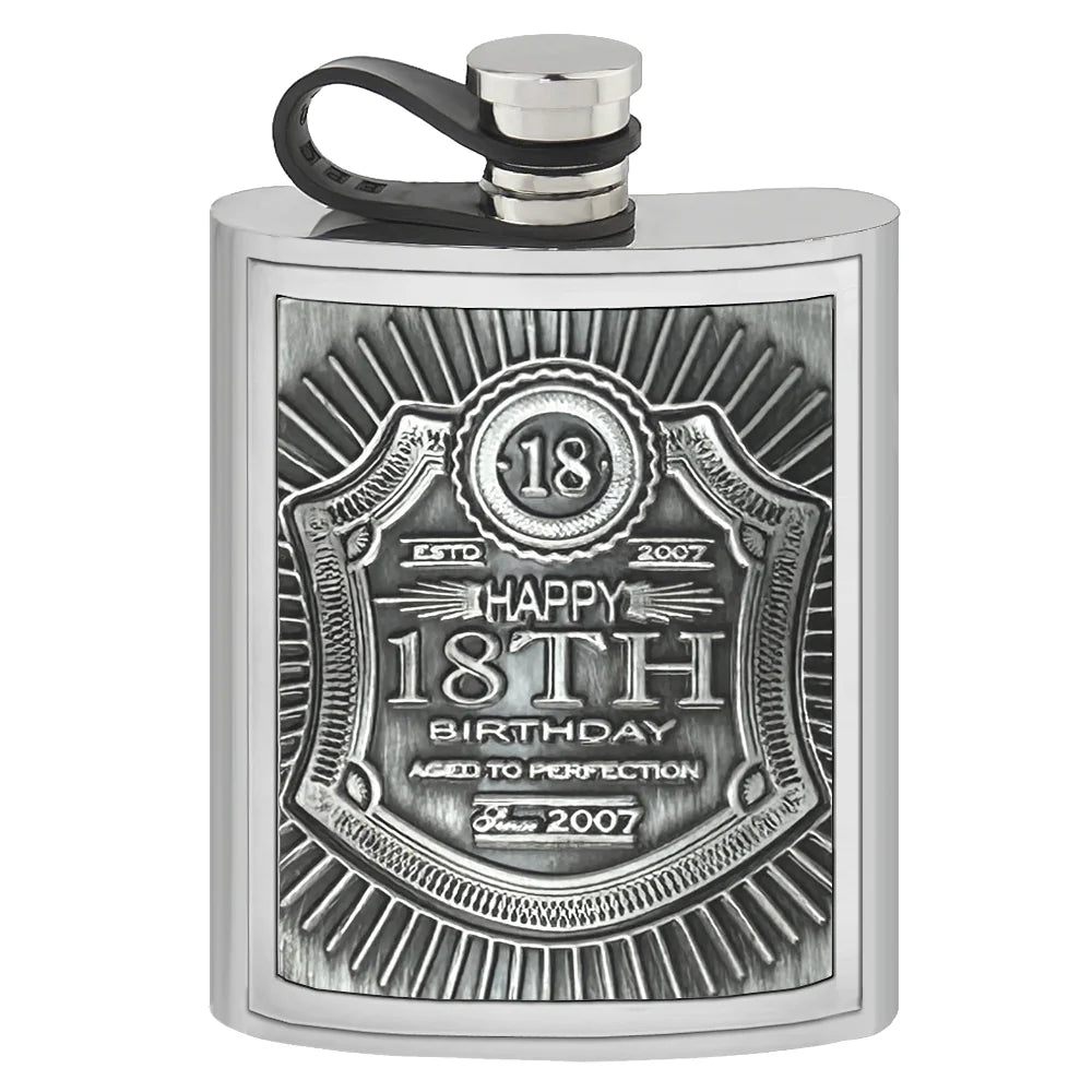 EMB013 6oz Embossed 18th Birthday Badge Pewter Hip Flask