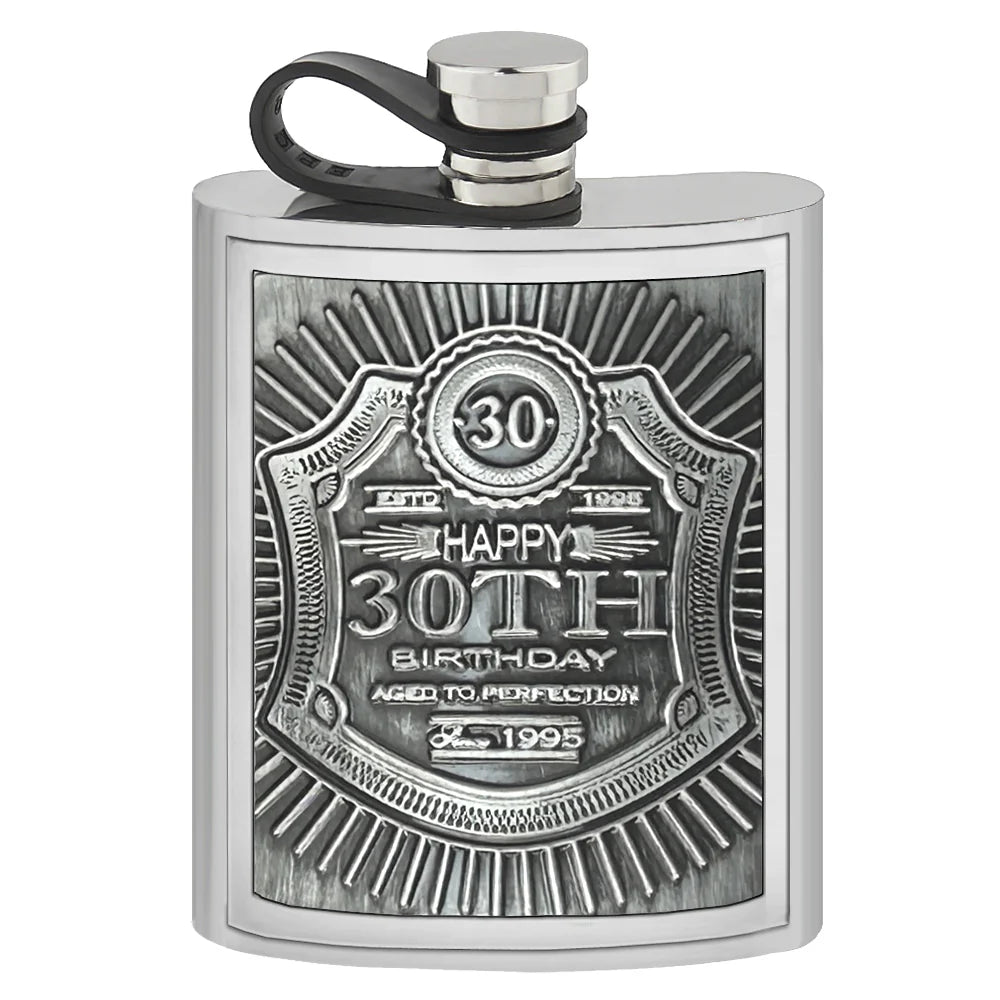 EMB017 6oz Embossed 30th Birthday Badge Pewter Hip Flask