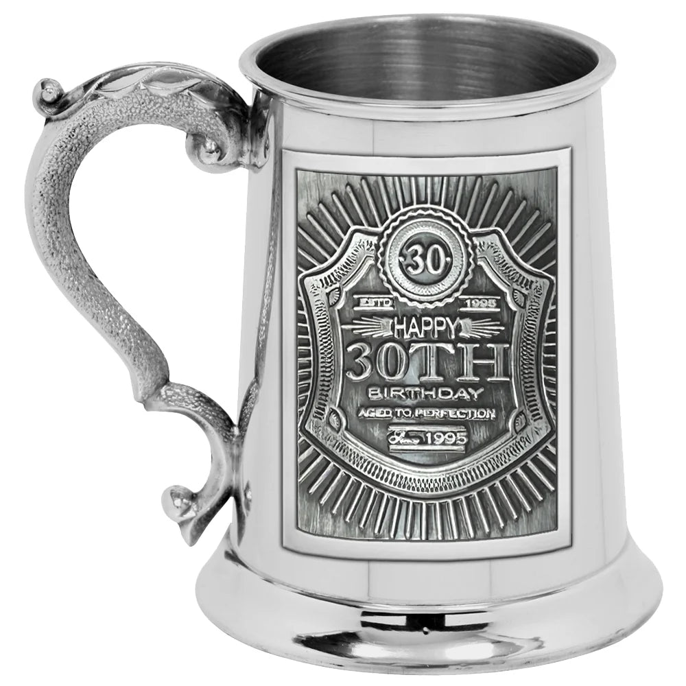 EMB018 1pt Pewter Straight Embossed 30th Birthday Badge Tankard