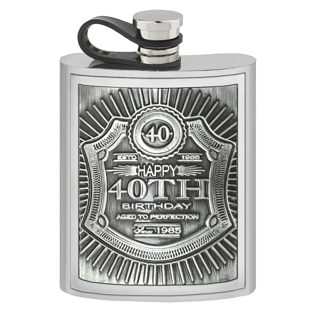 EMB019 6oz Embossed 40th Birthday Badge Pewter Hip Flask
