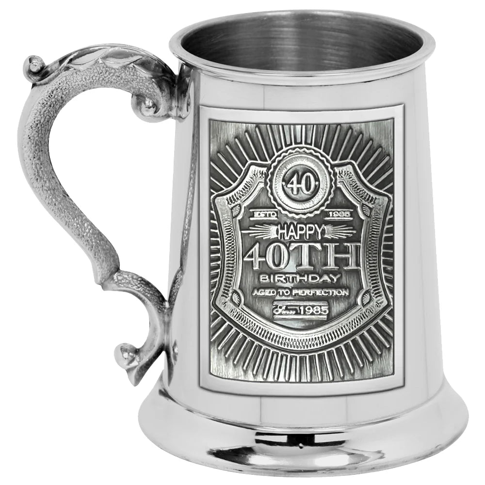 EMB020 1pt Pewter Straight Embossed 40th Birthday Badge Tankard