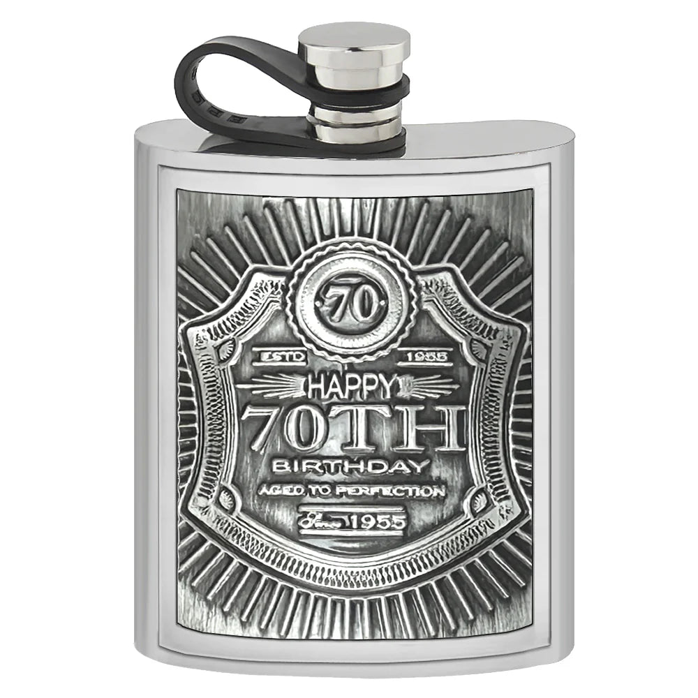 EMB025 6oz Embossed 70th Birthday Badge Pewter Hip Flask