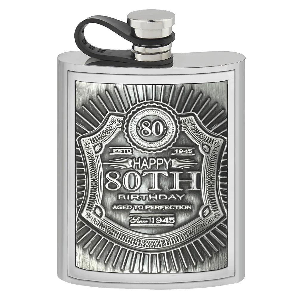 EMB027 6oz Embossed 80th Birthday Badge Pewter Hip Flask