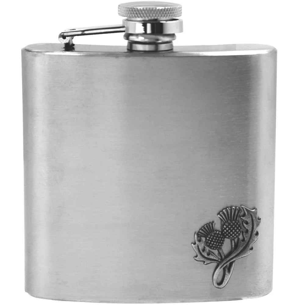 FB238 6oz Stainless Steel Hip Flask With Pewter Scottish Thistle Emblem