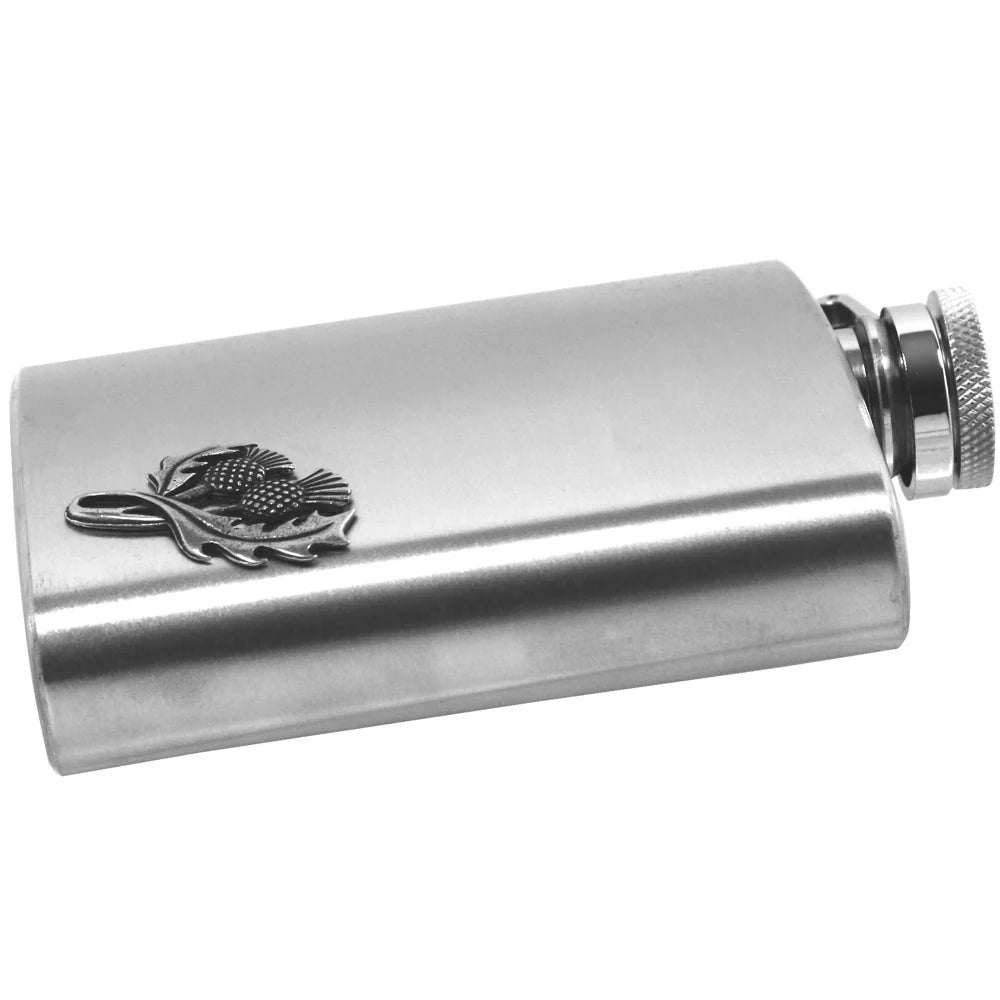 FB238 6oz Stainless Steel Hip Flask With Pewter Scottish Thistle Emblem
