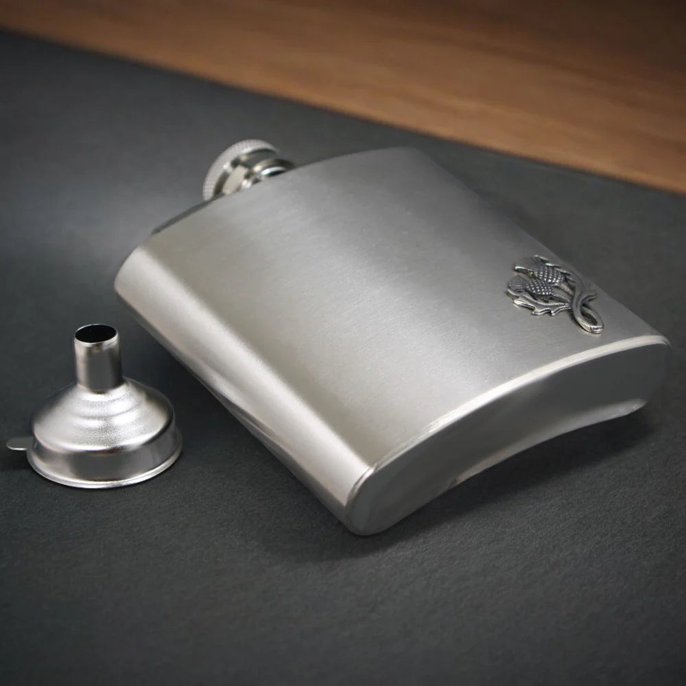 FB238 6oz Stainless Steel Hip Flask With Pewter Scottish Thistle Emblem