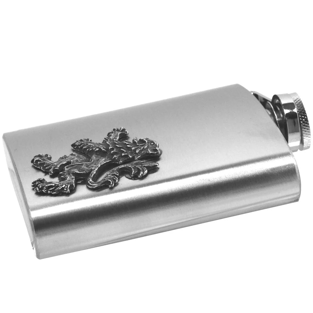 FB240 6oz Stainless Steel Hip Flask With Pewter Scottish Rampant Lion Emblem