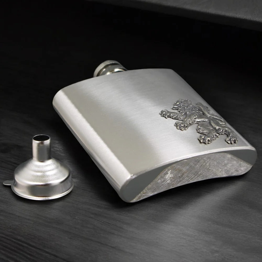 FB240 6oz Stainless Steel Hip Flask With Pewter Scottish Rampant Lion Emblem