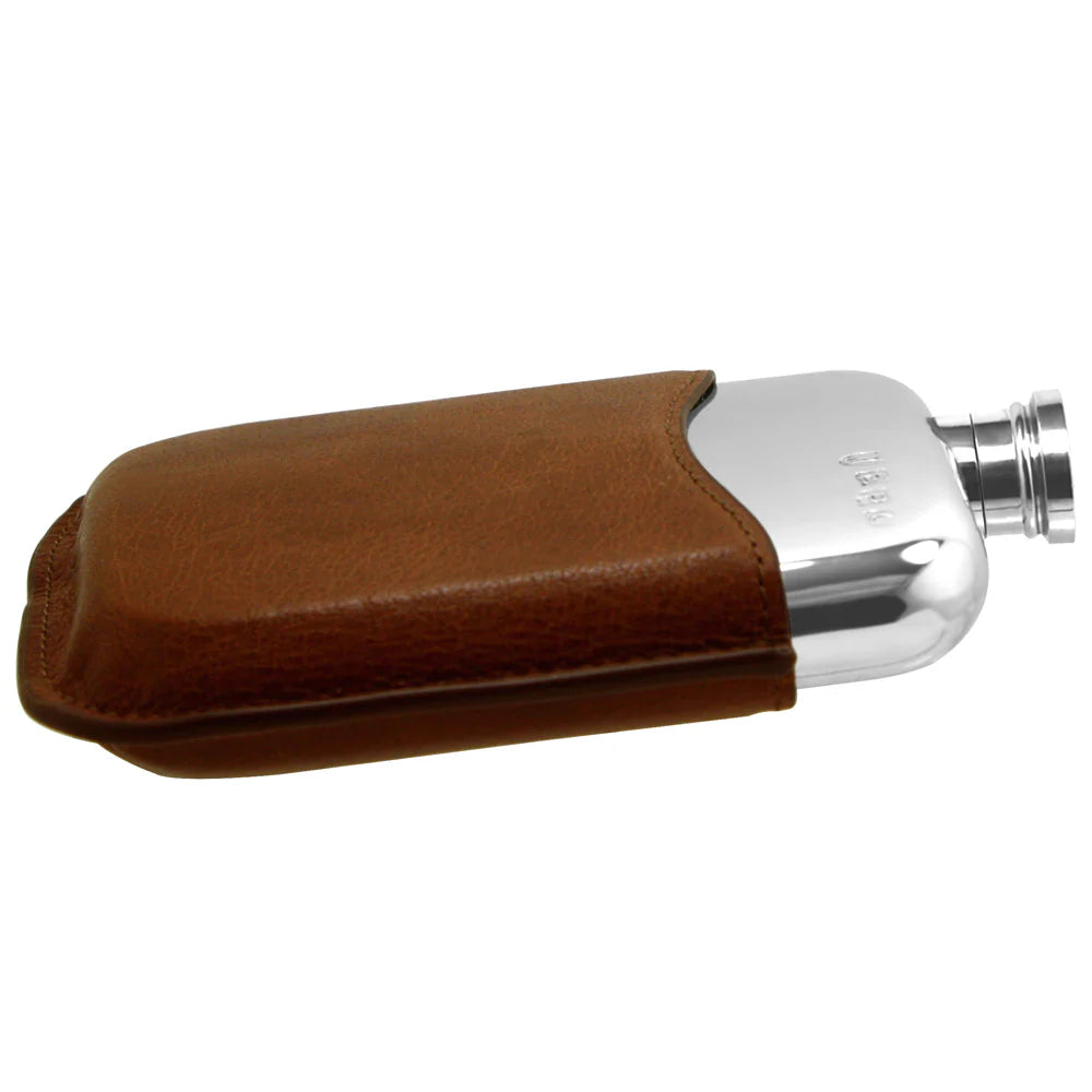 6oz Pewter Hip Flask with Genuine Tan Leather Pouch PLF01