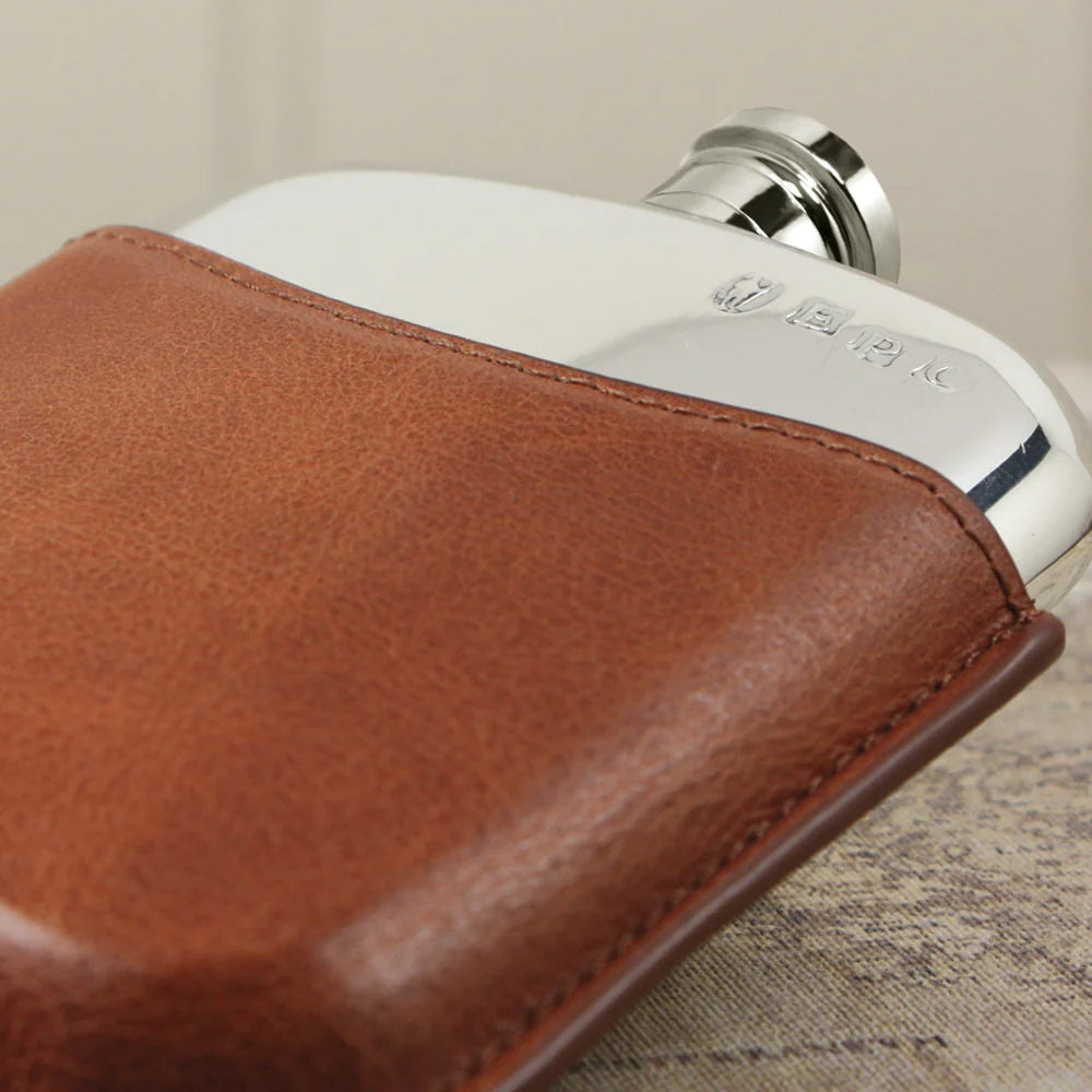 6oz Pewter Hip Flask with Genuine Tan Leather Pouch PLF01