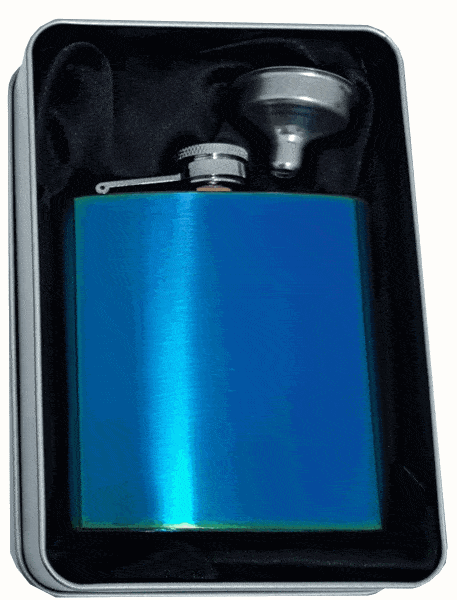 6oz Metallic Blue Brushed Hip Flask In Tin Gift Box (Text Engraving Included)