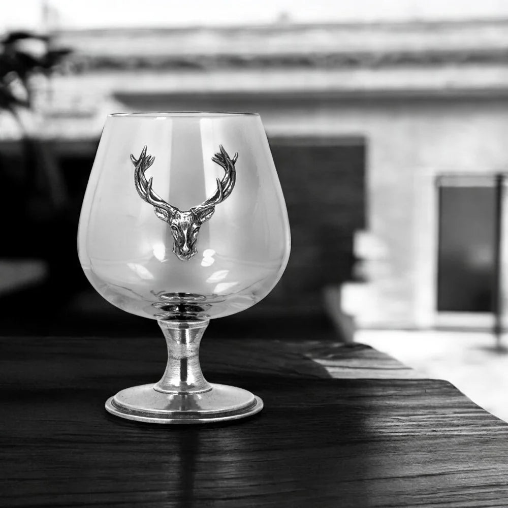 STAG111 Double Brandy Cognac Snifter Glass Set With Pewter Stag