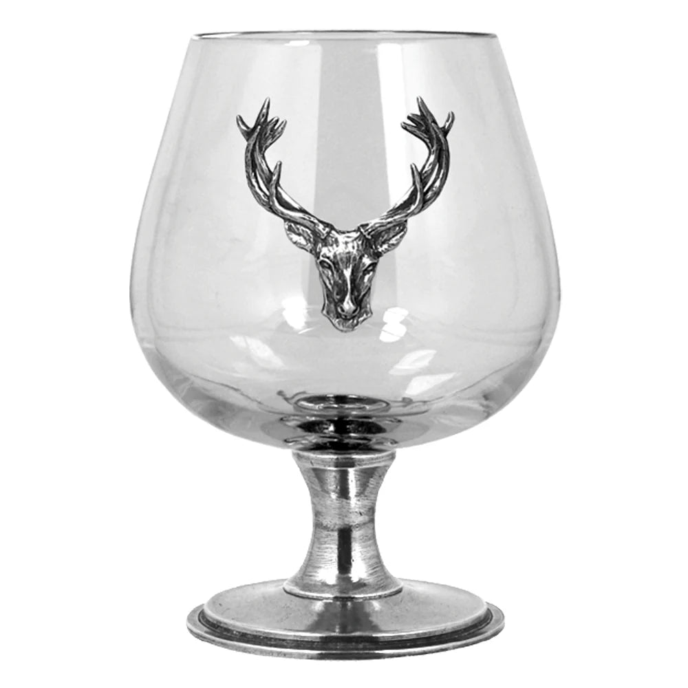 STAG111 Double Brandy Cognac Snifter Glass Set With Pewter Stag