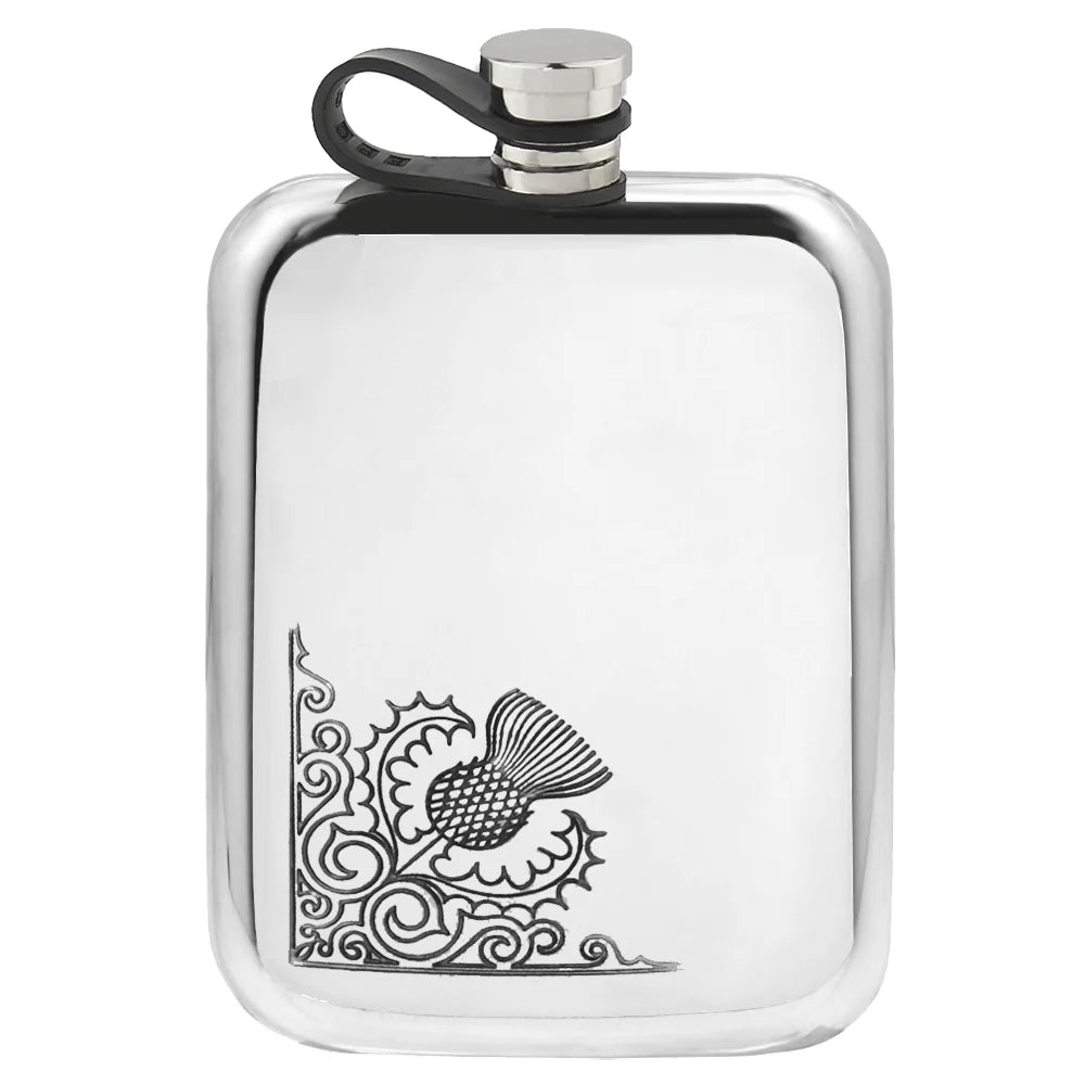 CTSF603 6oz Flexi Cap Pewter Hip Flask With Scottish Thistle Design