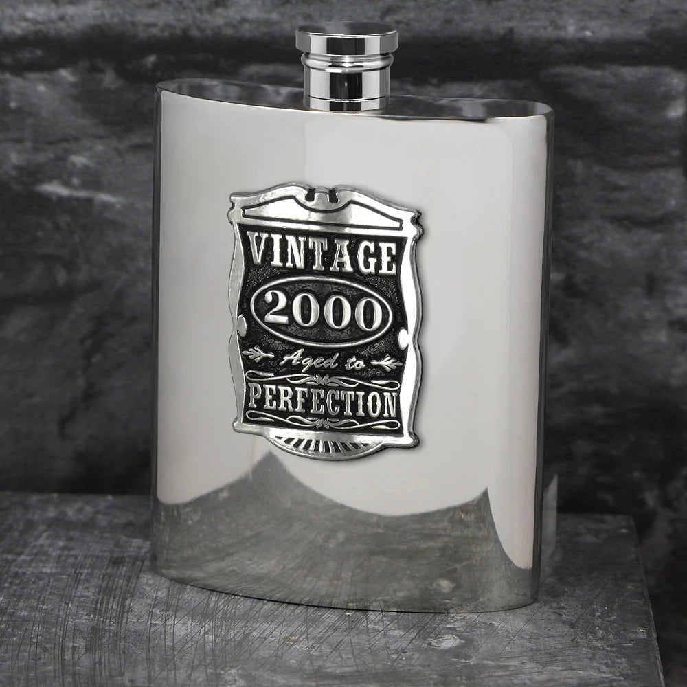 VIN019 25th Birthday or Anniversary Gift 2000 Vintage Years Pewter Hip Flask