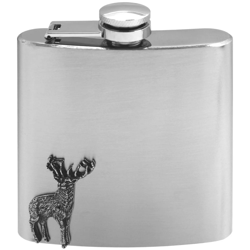 CS236 6oz Stainless Steel Hip Flask With Pewter Stag Emblem