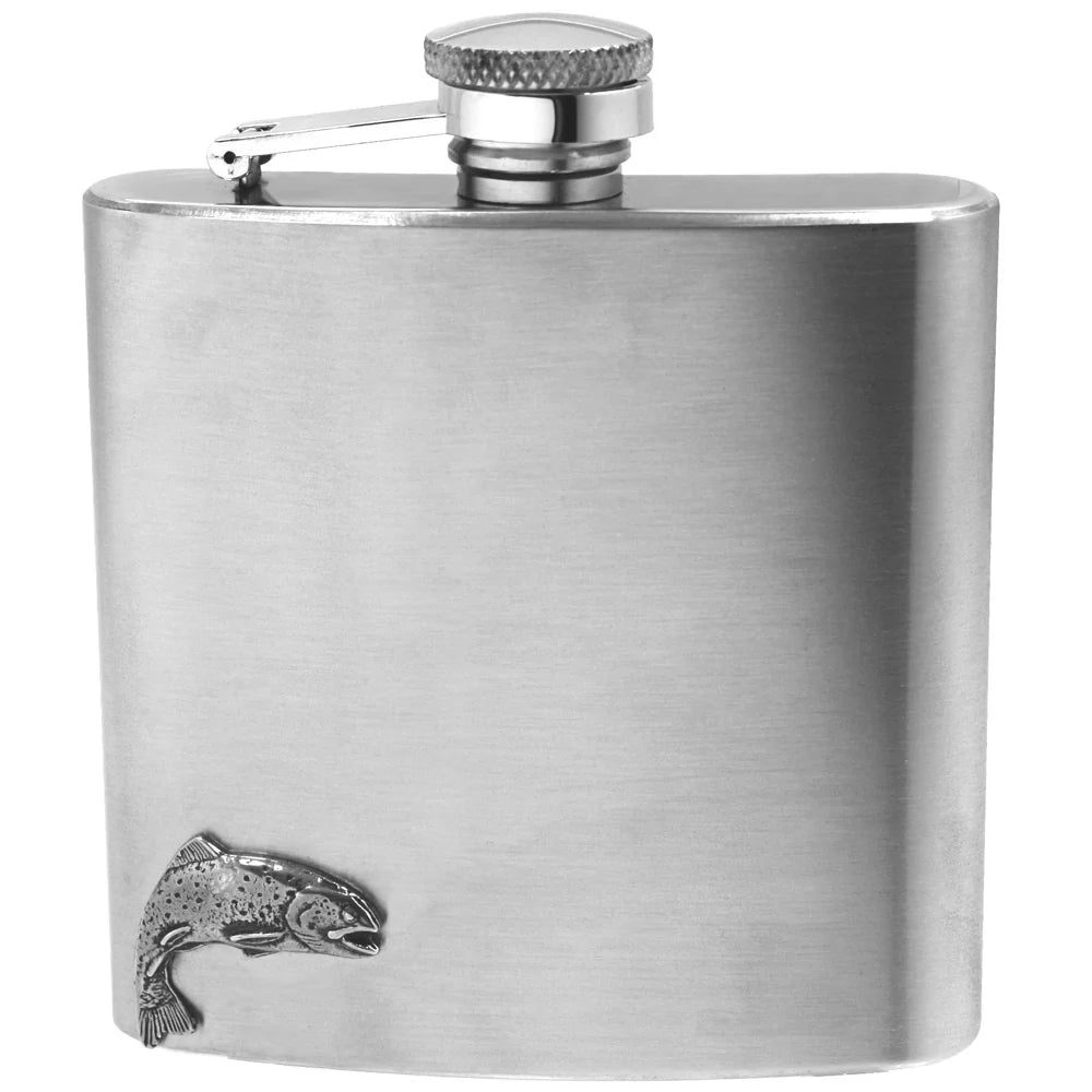CS239 6oz Stainless Steel Hip Flask With Pewter Fishing Trout Emblem