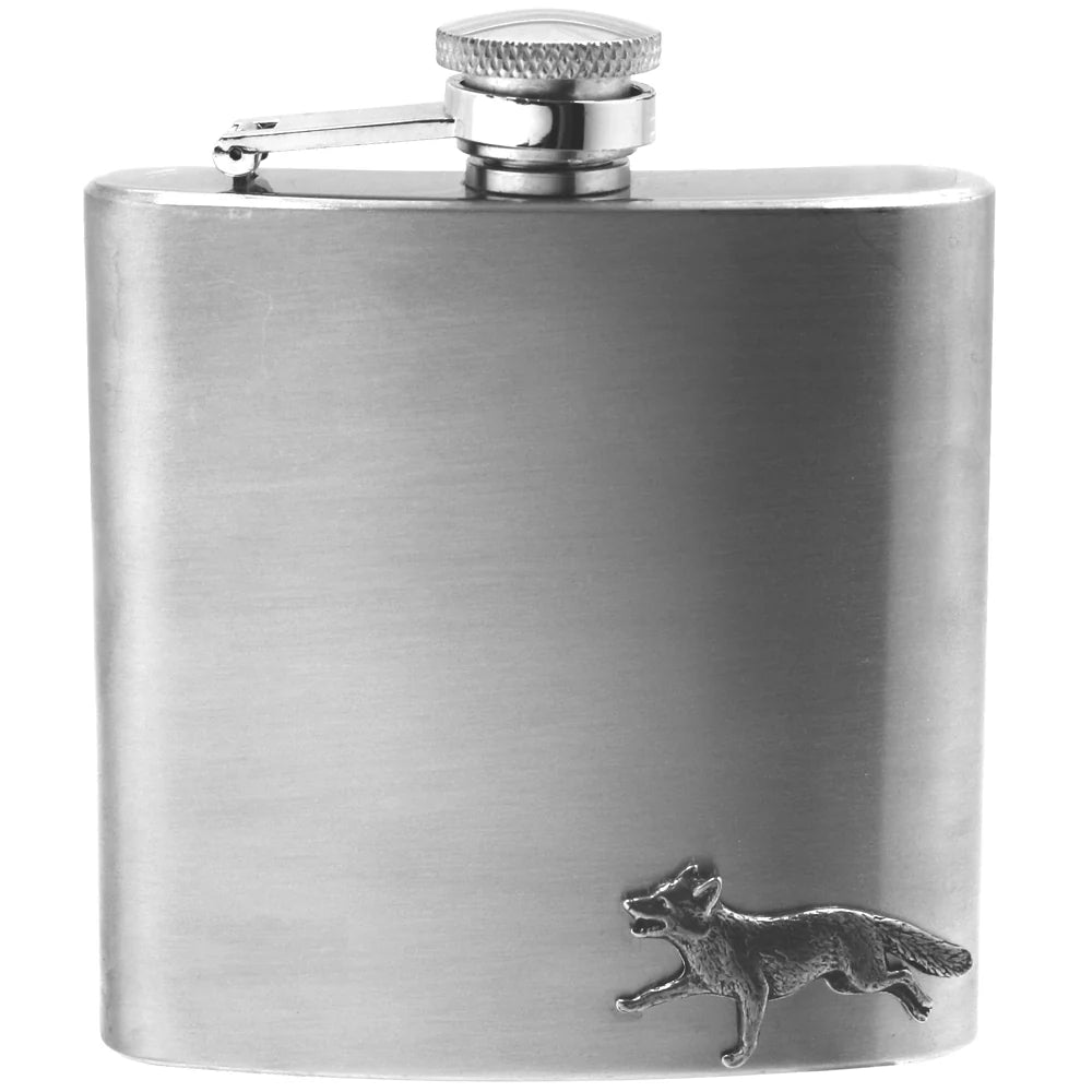CS241 6oz Stainless Steel Hip Flask With Pewter Fox Emblem