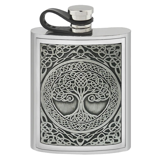 CEL476  6oz Embossed Flask Tree Of Life Pewter Badge with Flexi Cap