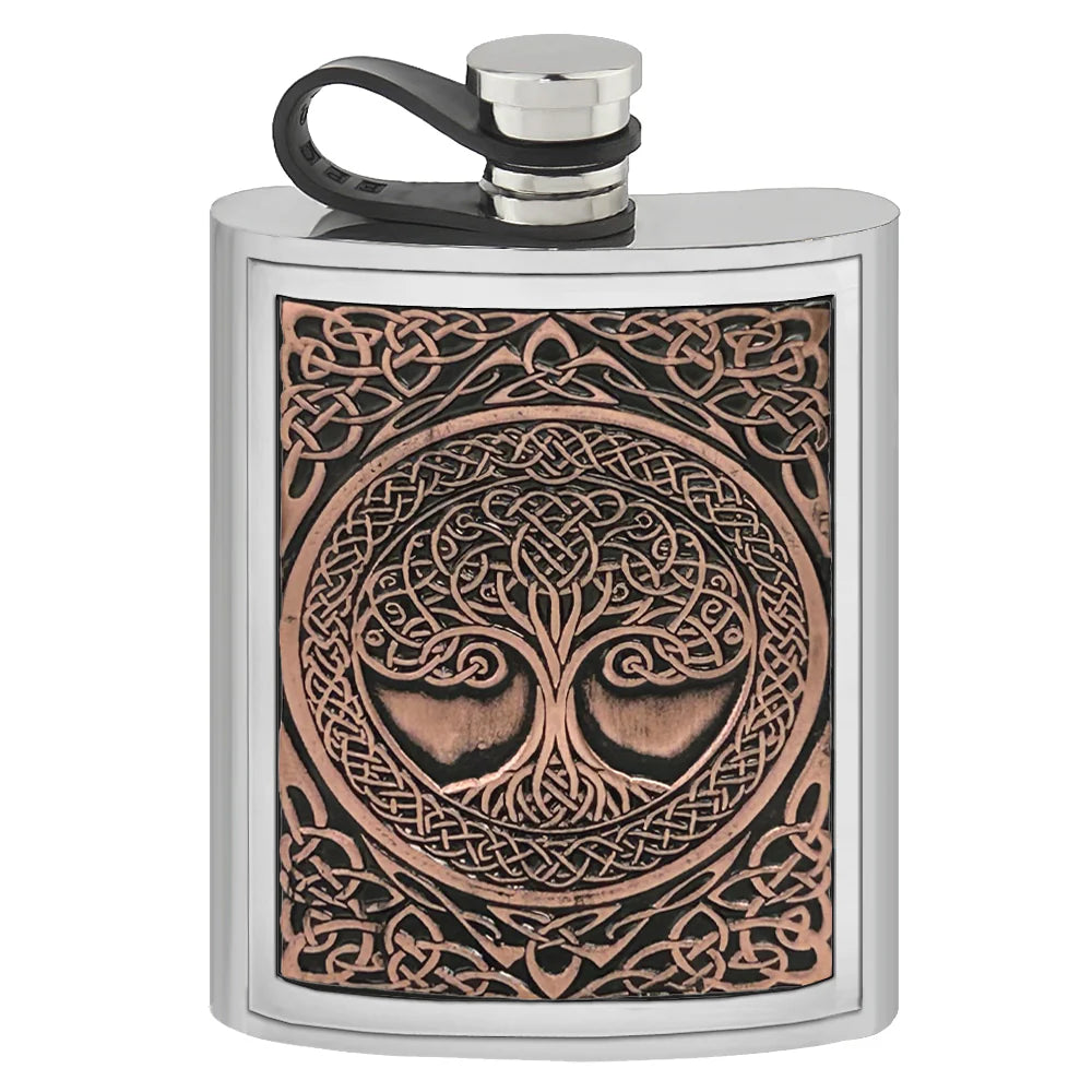 CEL478  6oz Pewter Embossed Flask Tree Of Life Copper Badge with Flexi Cap