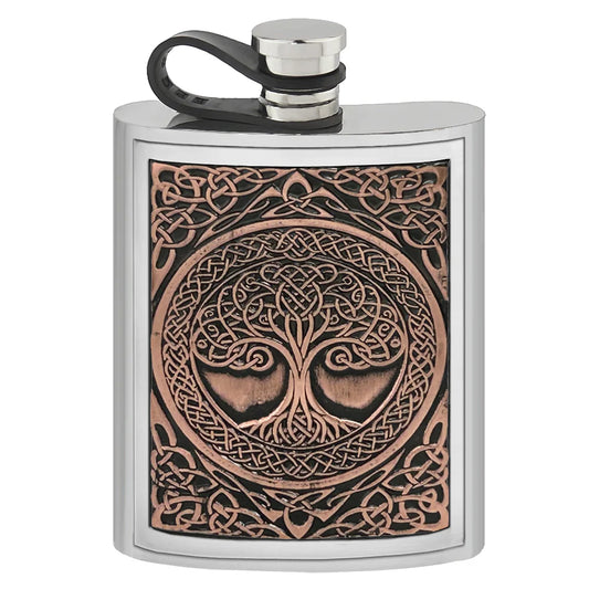 CEL478  6oz Pewter Embossed Flask Tree Of Life Copper Badge with Flexi Cap