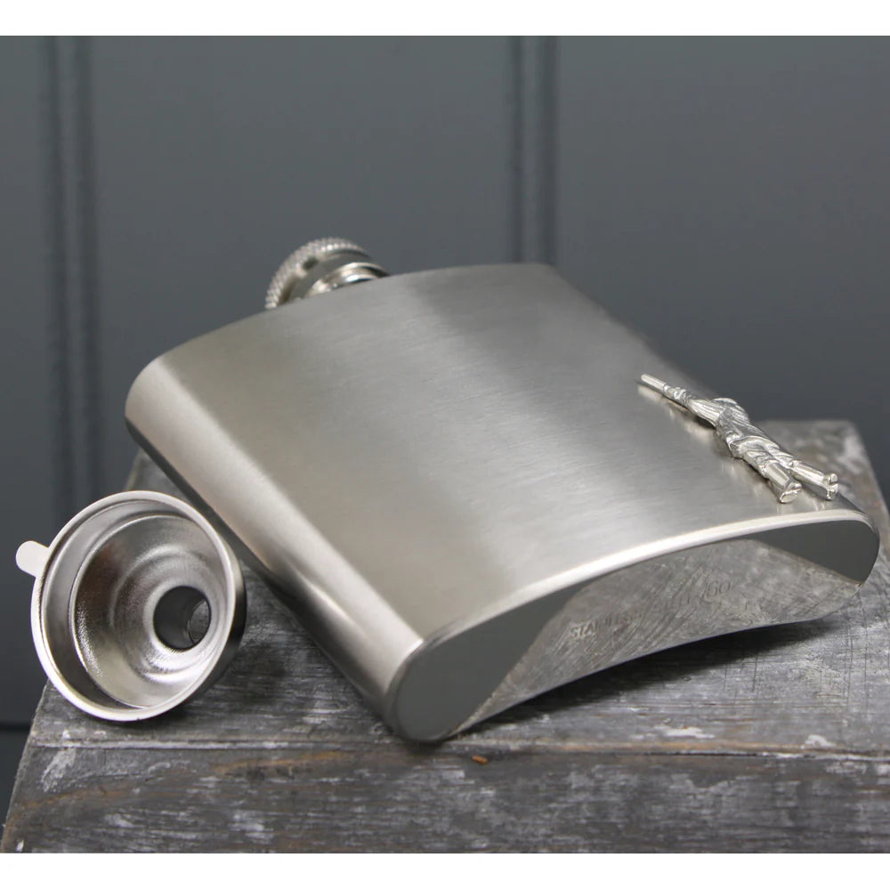CS237  6oz Stainless Steel Hip Flask With Pewter Shooting Emblem