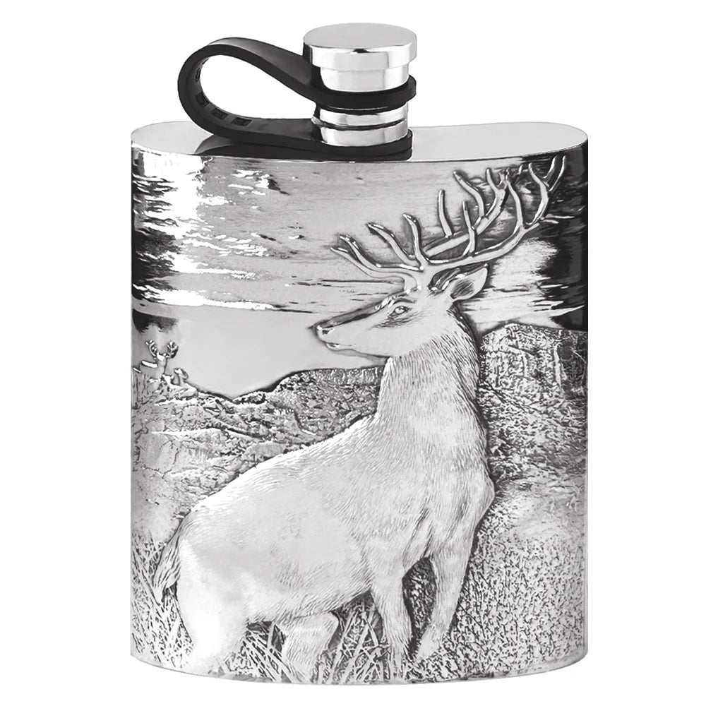 CSF290  6oz Flexi Cap Embossed Stag Pewter Hip Flask