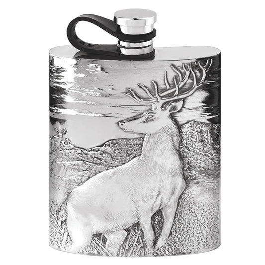 CSF290  6oz Flexi Cap Embossed Stag Pewter Hip Flask