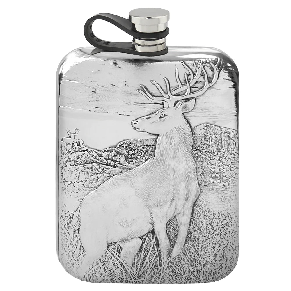 CSF291  6oz Embossed Stag Purse Pewter Hip Flask