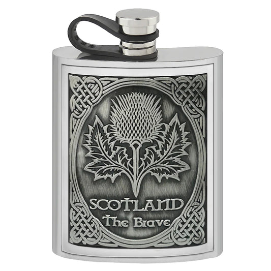 EMB001  6oz Pewter Embossed Flask Thistle Badge
