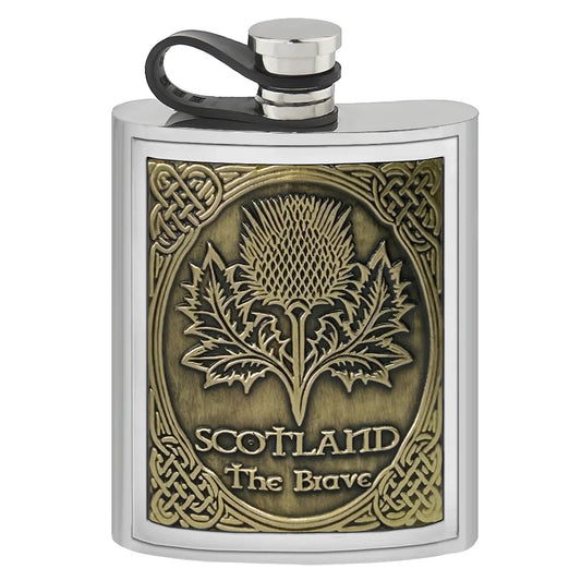 EMB002  6oz Pewter Embossed Flask Thistle Brass Badge