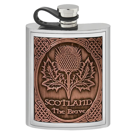 EMB003  6oz Pewter Embossed Flask Thistle Copper Badge