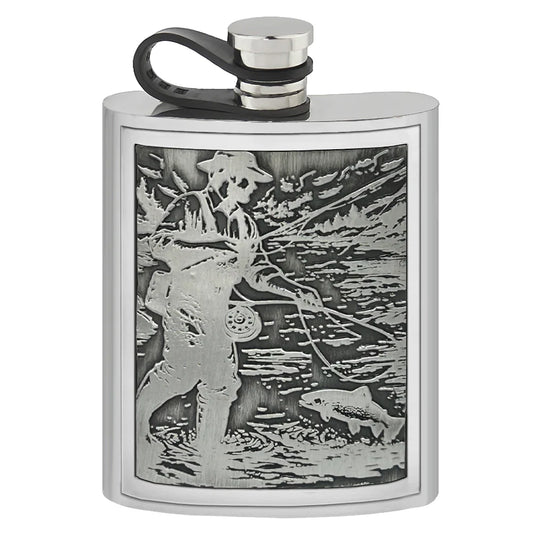 EMB009  6oz Embossed Fishing Badge Pewter Hip Flask with Flexi Cap