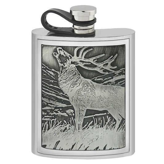 EMB011  6oz Embossed Stag Badge Pewter Hip Flask