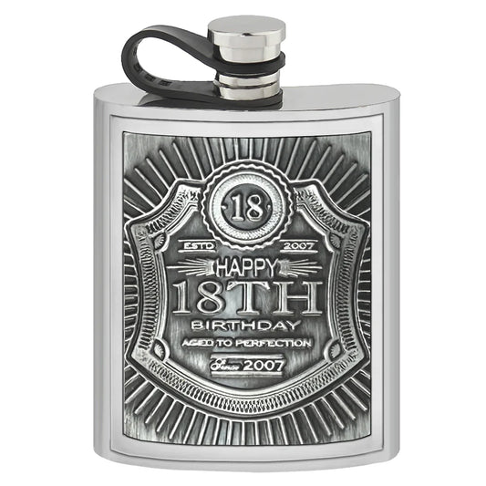 EMB013  6oz Embossed 18th Birthday Badge Pewter Hip Flask