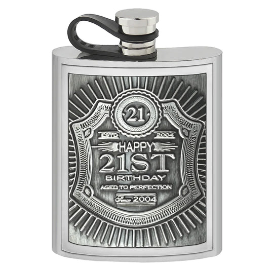 EMB015  6oz Embossed 21st Birthday Badge Pewter Hip Flask