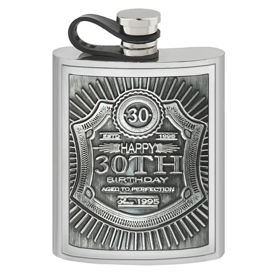 EMB017  6oz Embossed 30th Birthday Badge Pewter Hip Flask