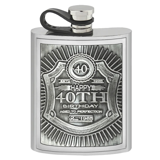 EMB019  6oz Embossed 40th Birthday Badge Pewter Hip Flask
