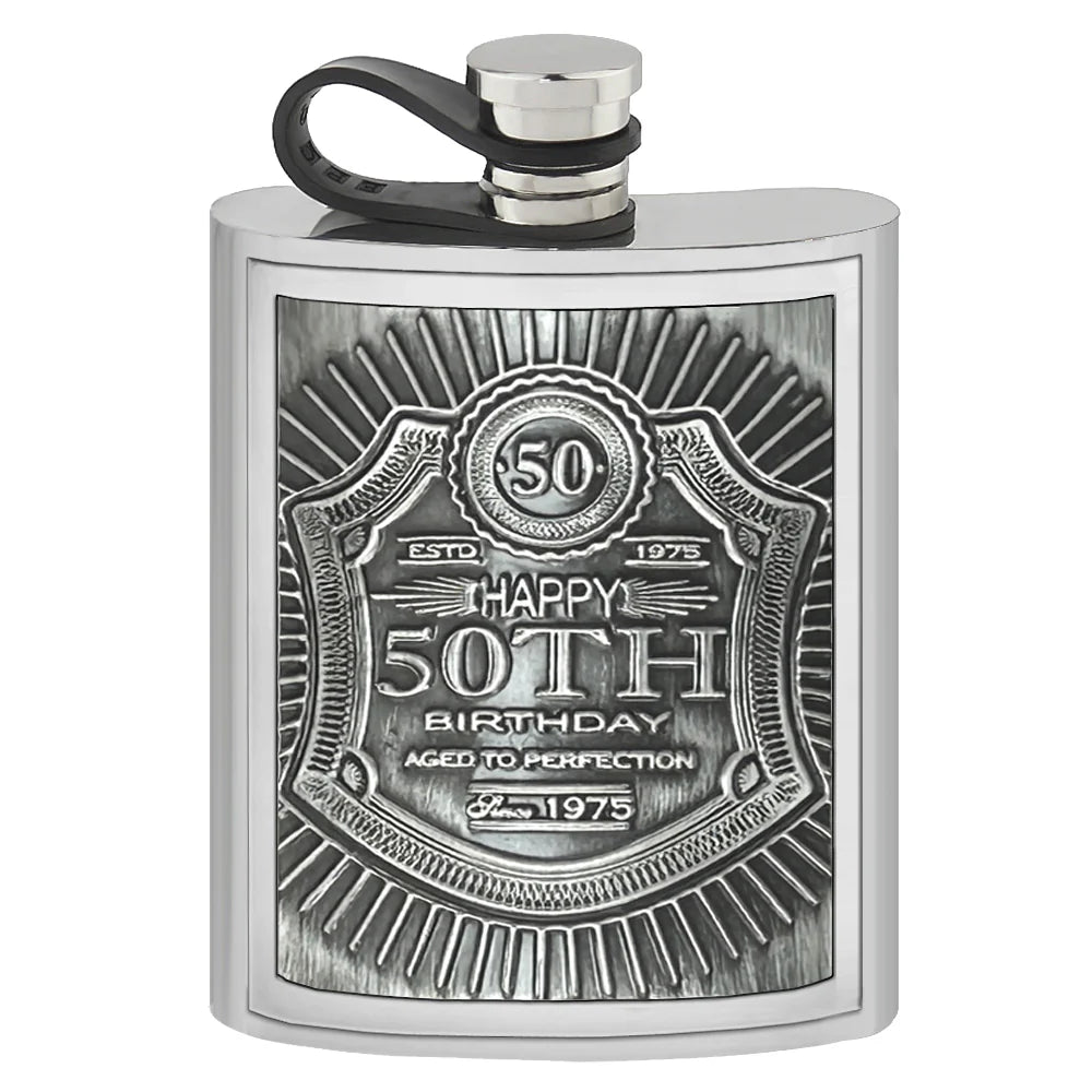 EMB021  6oz Embossed 50th Birthday Badge Pewter Hip Flask