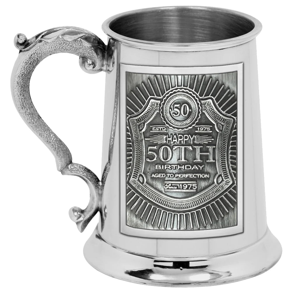 EMB022  1pt Pewter Straight Embossed 50th Birthday Badge Tankard