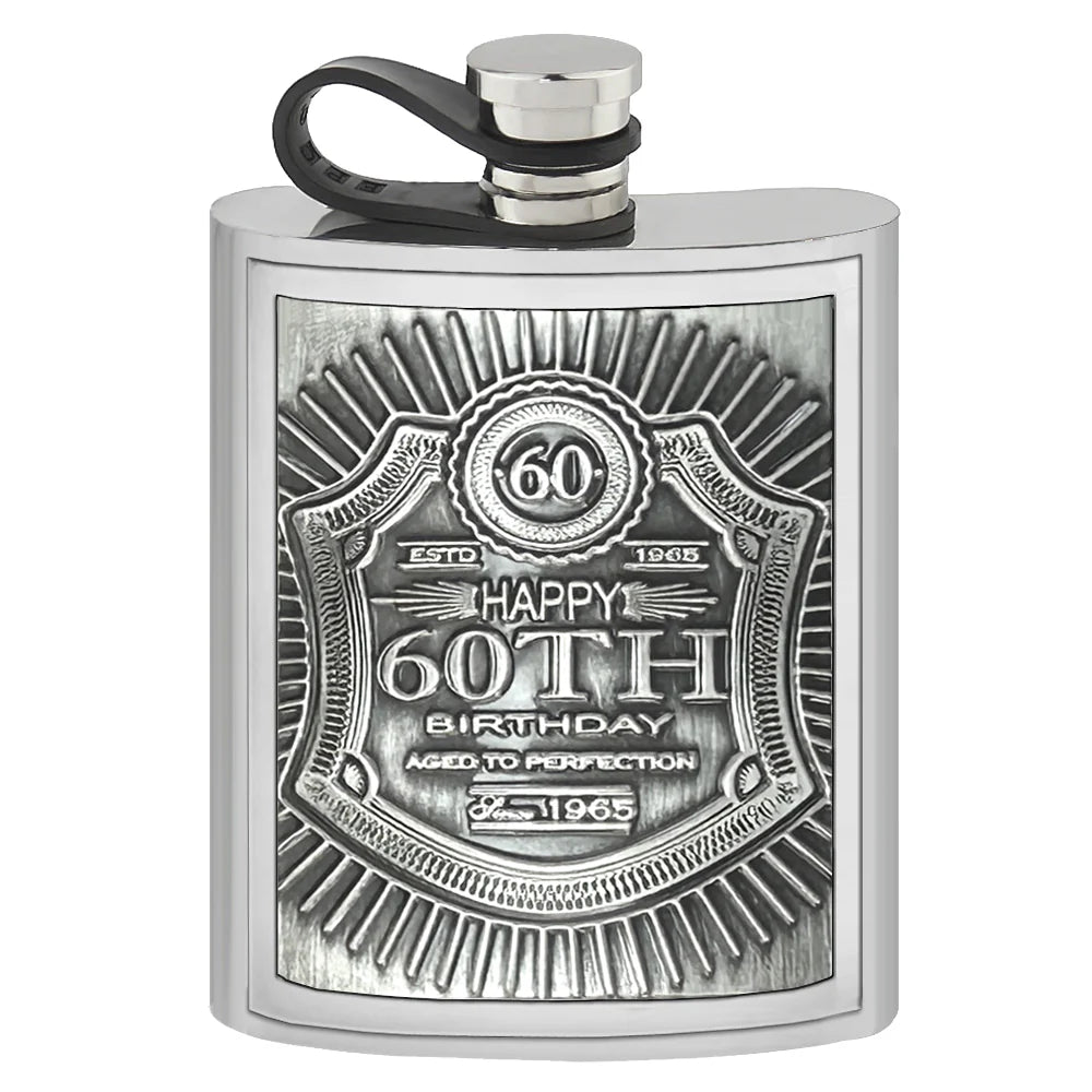 EMB023  6oz Embossed 60th Birthday Badge Pewter Hip Flask